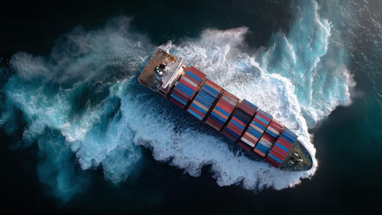 Dynamic Aerial View of a Container Ship Navigating Through Turbulent Ocean Waters, Showcasing the Intricate Patterns Formed by Waves and Trailing Wake