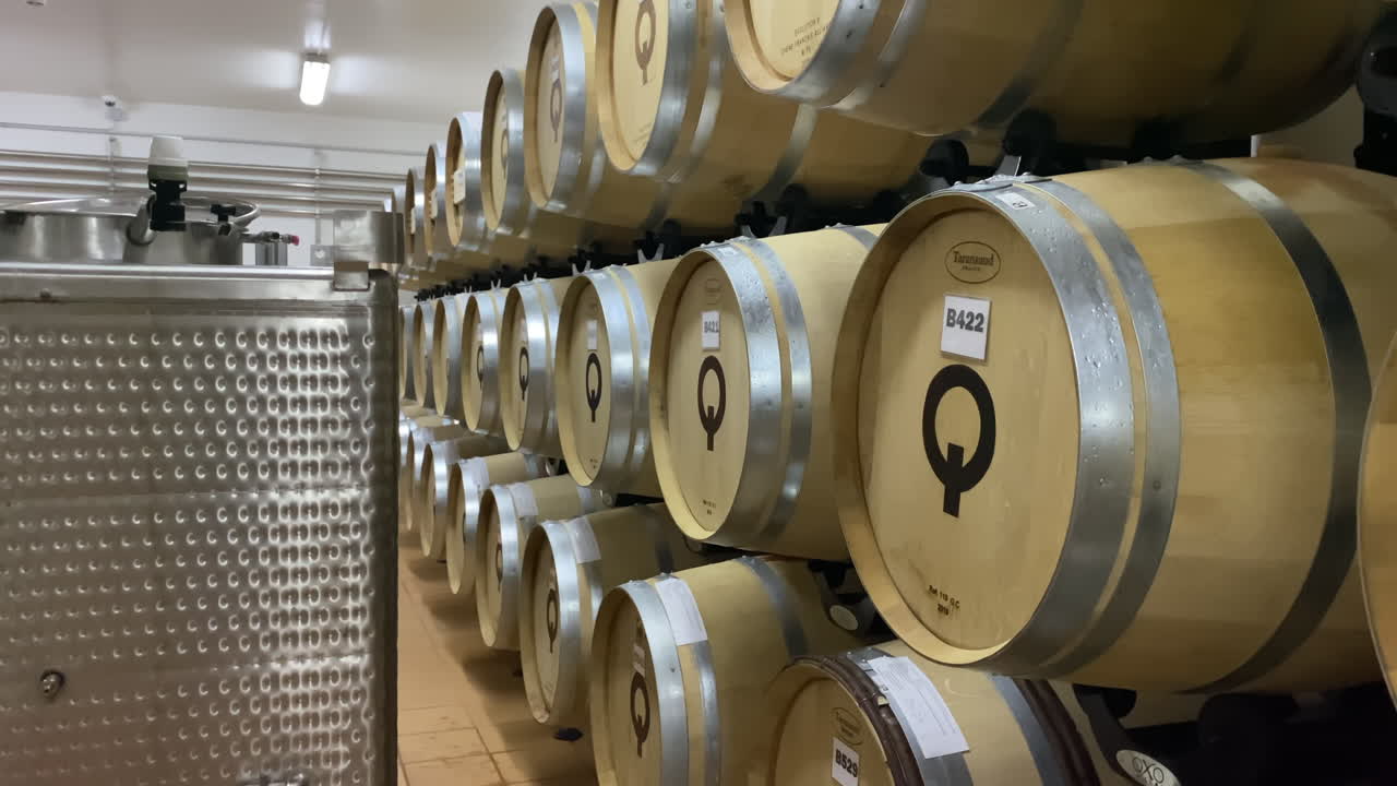 와인 창고에서 와인 배럴 저장