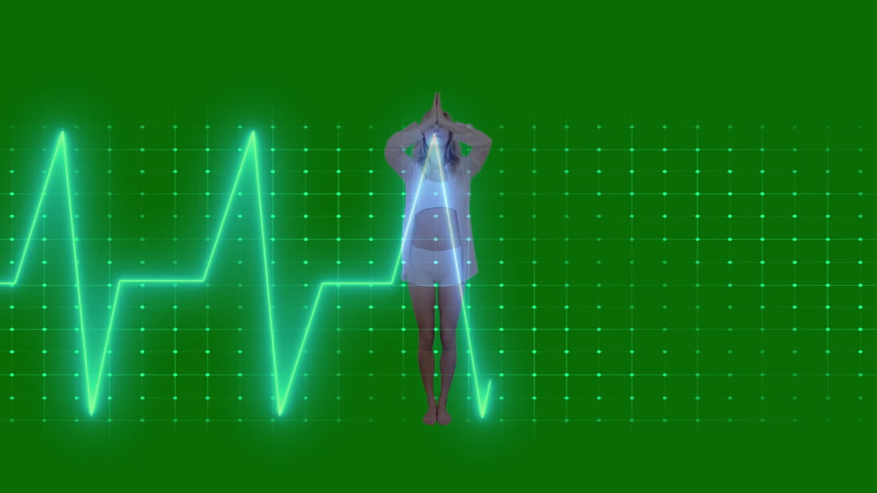 woman standing barefoot in virtual medical tech studio, showing glowing ECG waveform on grid