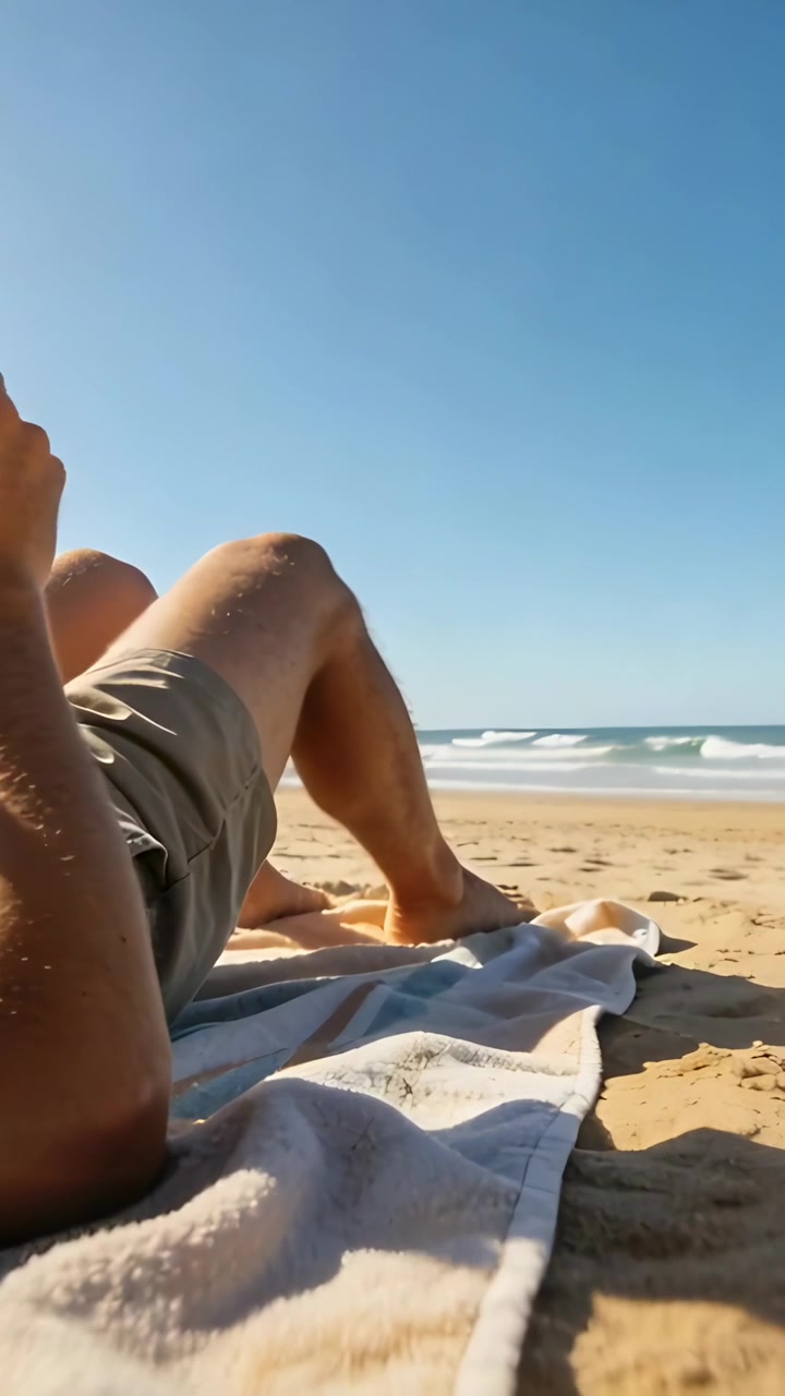 Vertical video: Reclining man responding to sun, reading paperback in shorts by shoreline on towel