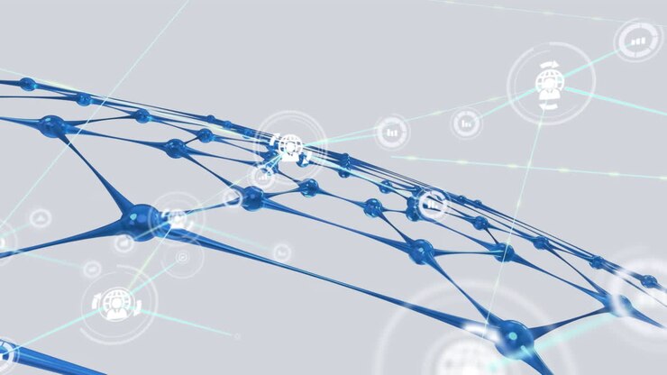 Animation of network of connections with icons over blue net