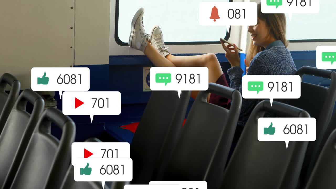 Relaxing on bus, woman watching animation of social media notifications on screen