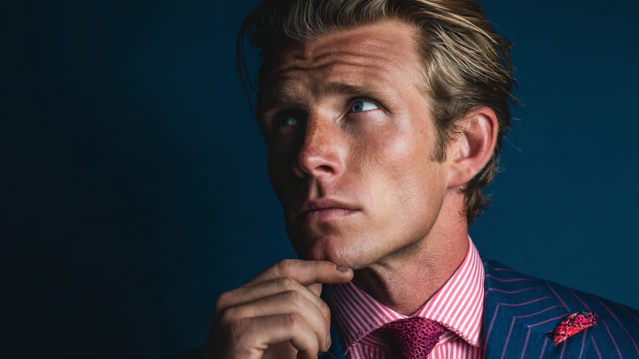 Un uomo pensieroso in abito elegante: un'immagine che cattura contemplazione ed eleganza su uno sfondo blu intenso.