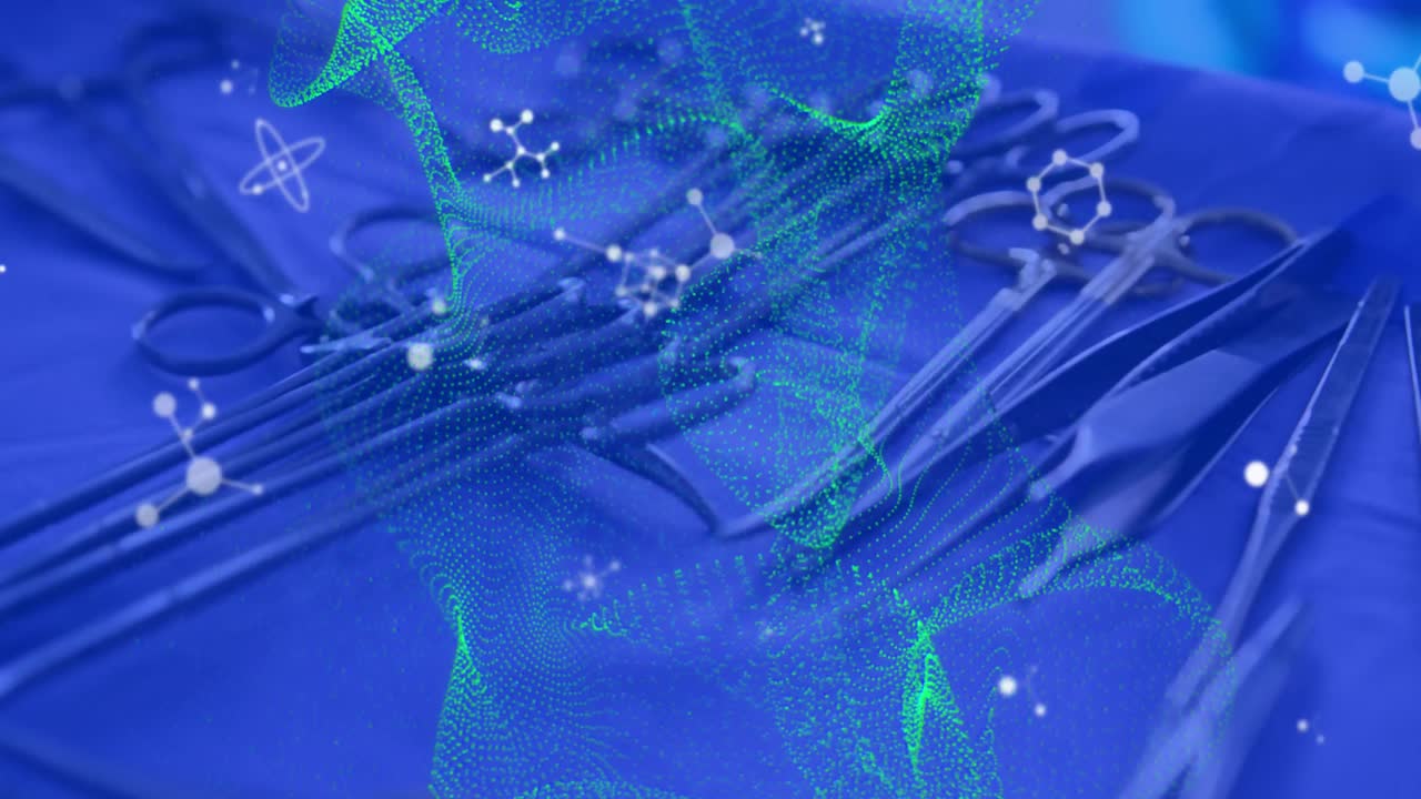 분자 구조의 애니메이션과 의료 장비의 클로즈업에 대한 녹색 디지털 파동