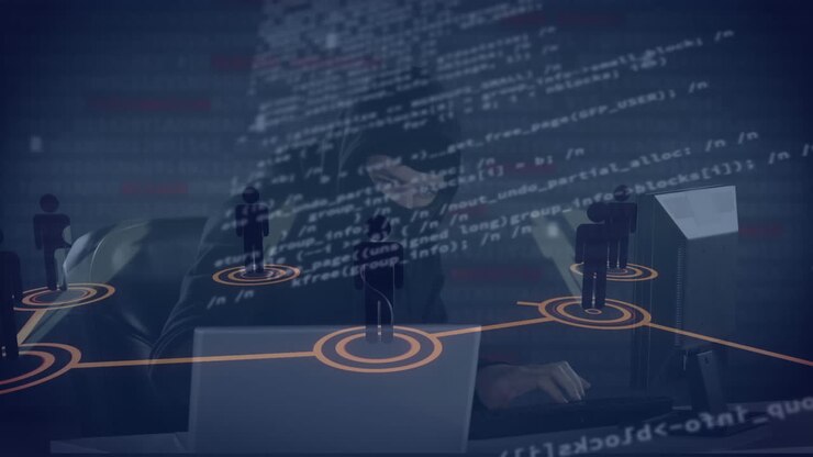 Animation of network of connections with data processing and hacker