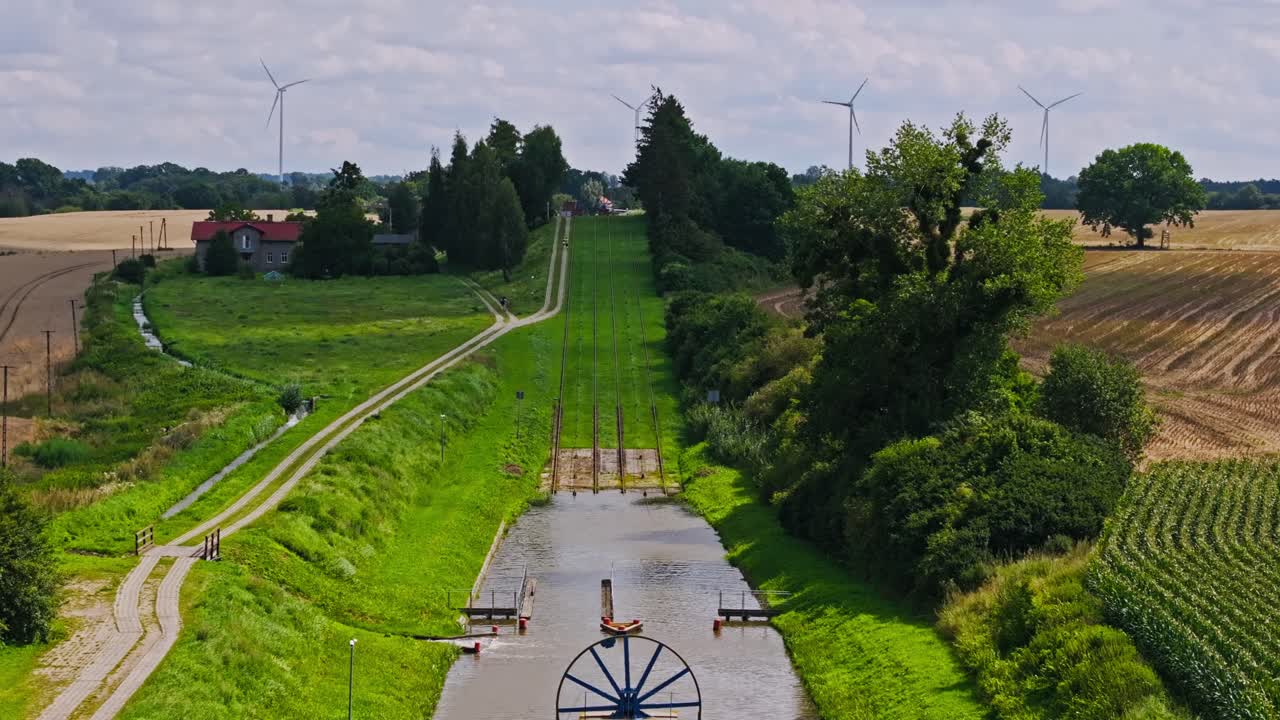 Drone footage of unique canal incline plane Jelenie Slipway with sailing boat