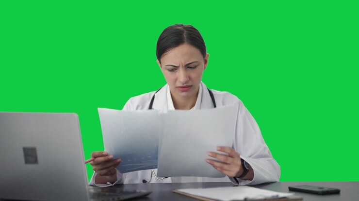 médica india estresada explicando el informe médico al paciente pantalla verde