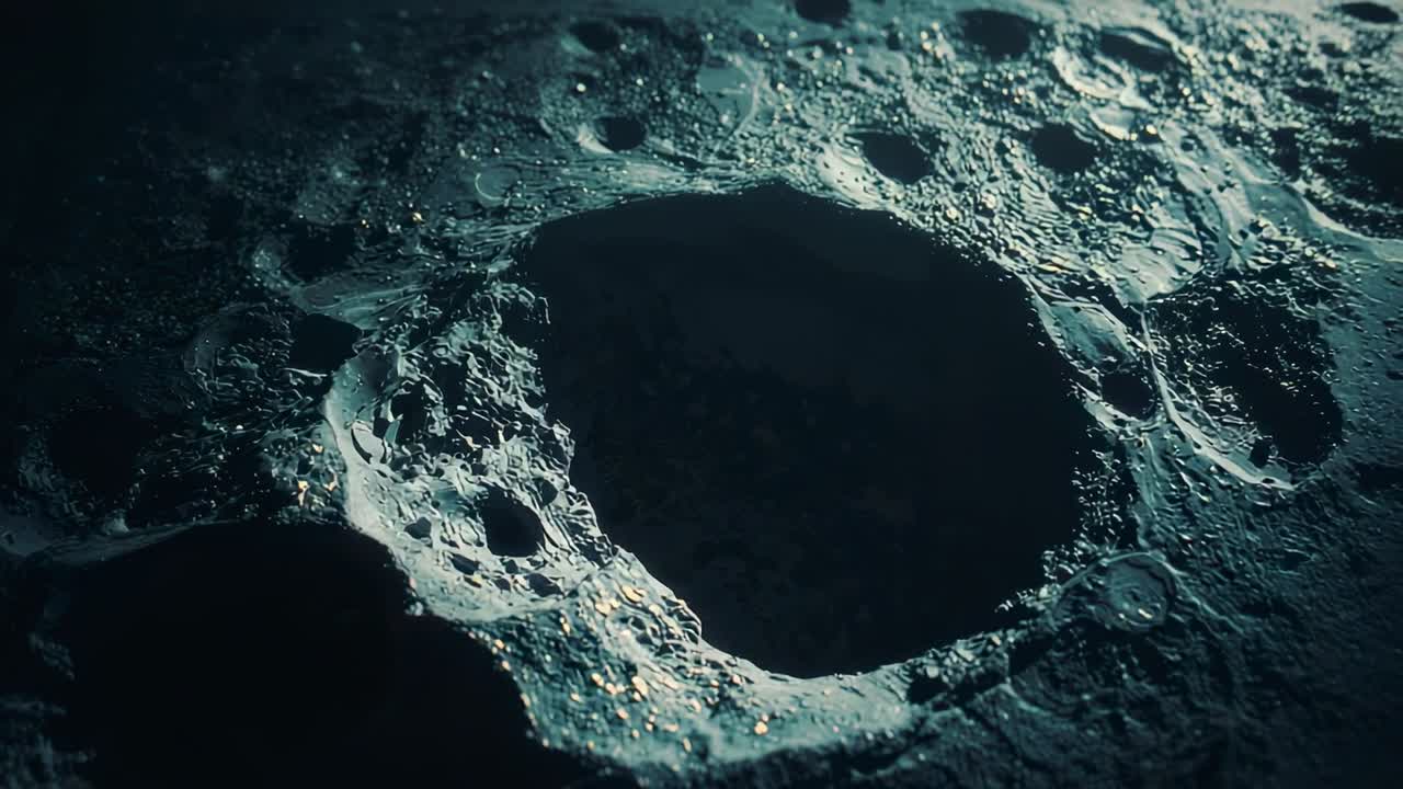 Panning camera across lunar plains with sunlight shifting revealing crater rim and regolith details