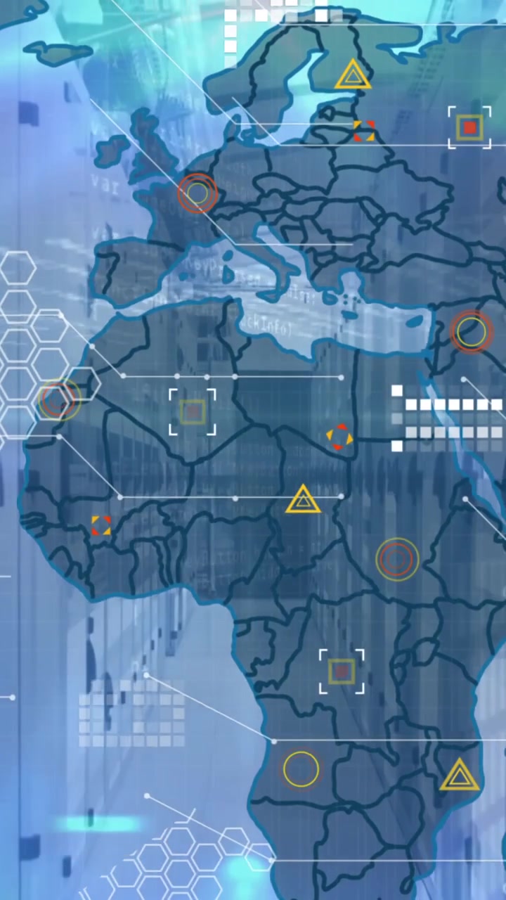 Animation of world map, data processing and blue light trails against computer server room