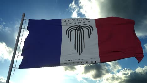 kansas city flag, city of usa or united states of america, waving at wind in blue sky