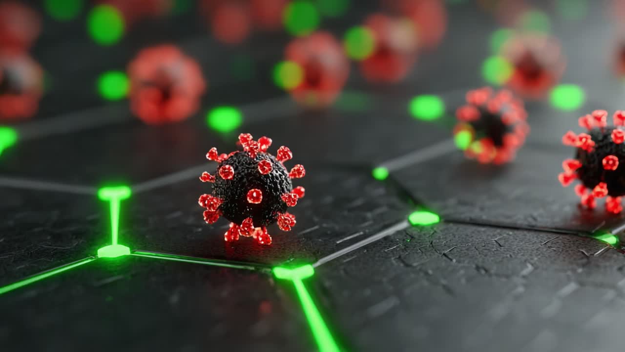 Close-Up Visualization of Virus Particles on a High-Contrast Surface, Highlighting Interconnectivity and Structure in a Digital Environment