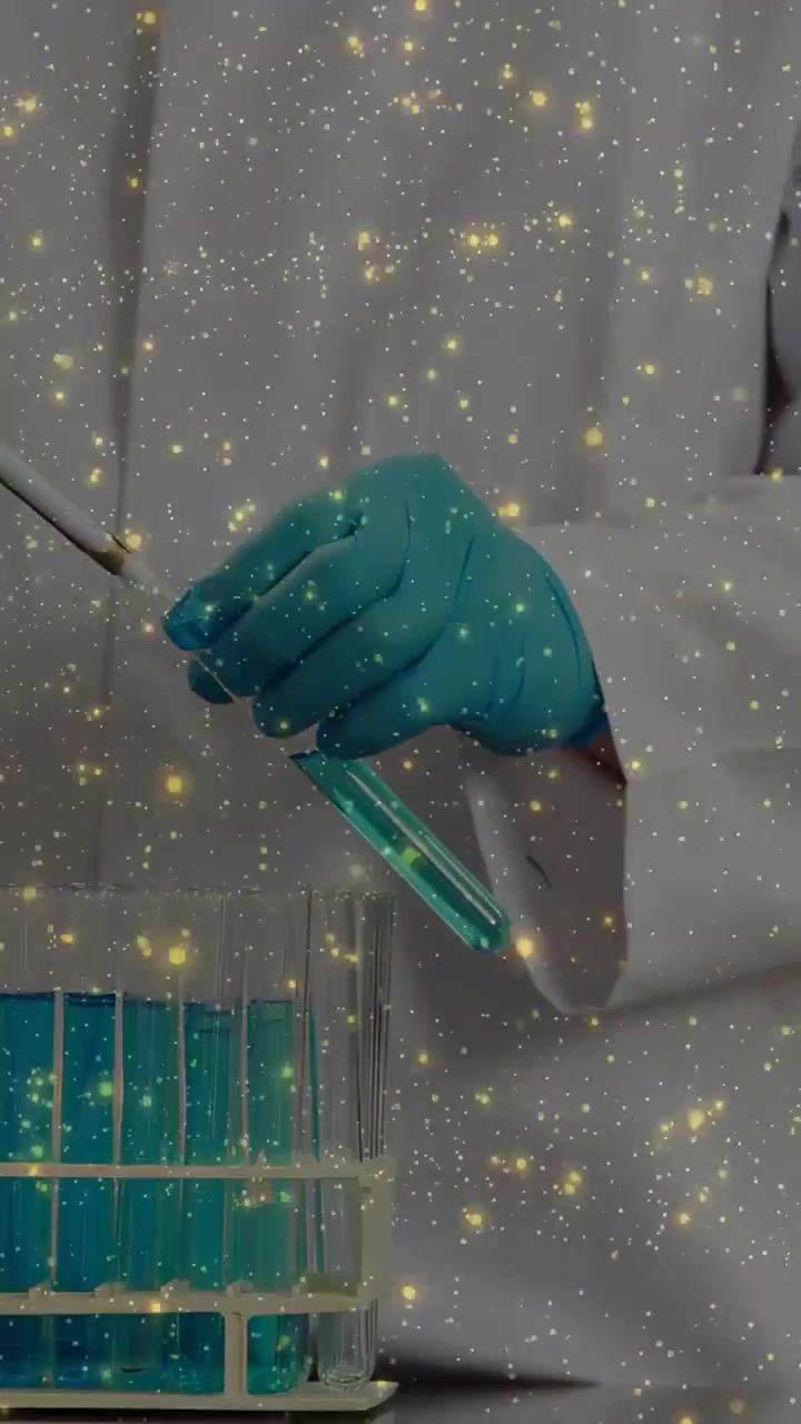 Video verticale: Tecnico di laboratorio che inizia un trasferimento con pipetta, aggiungendo liquido verde in provette su una rastrelliera per l'analisi.