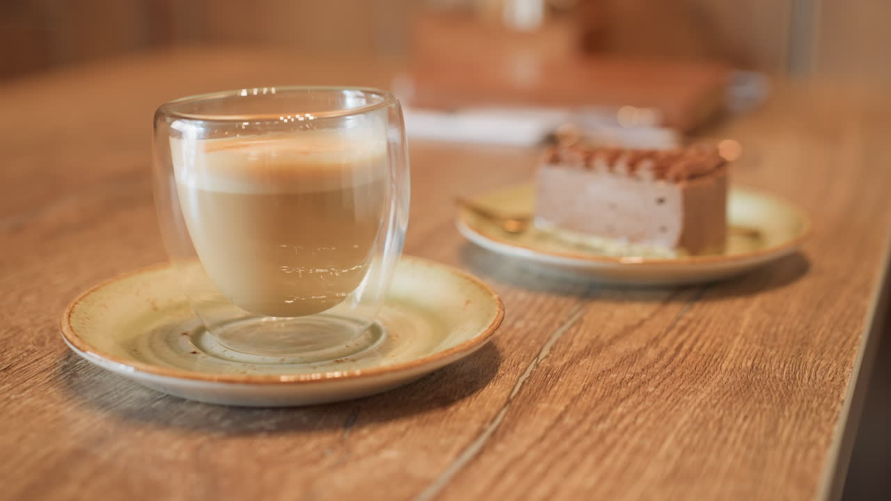 Close up of chocolate cake with golden spoon placed on wooden table while attendant serves hot drink to customer, warm ambient lighting and blurred items like notebook