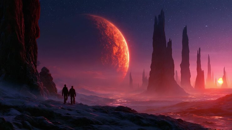 A Stunning Cosmic Scene of Two Silhouetted Figures Against an Alien Landscape Featuring Towering Rock Formations and a Gazing Planet on the Horizon