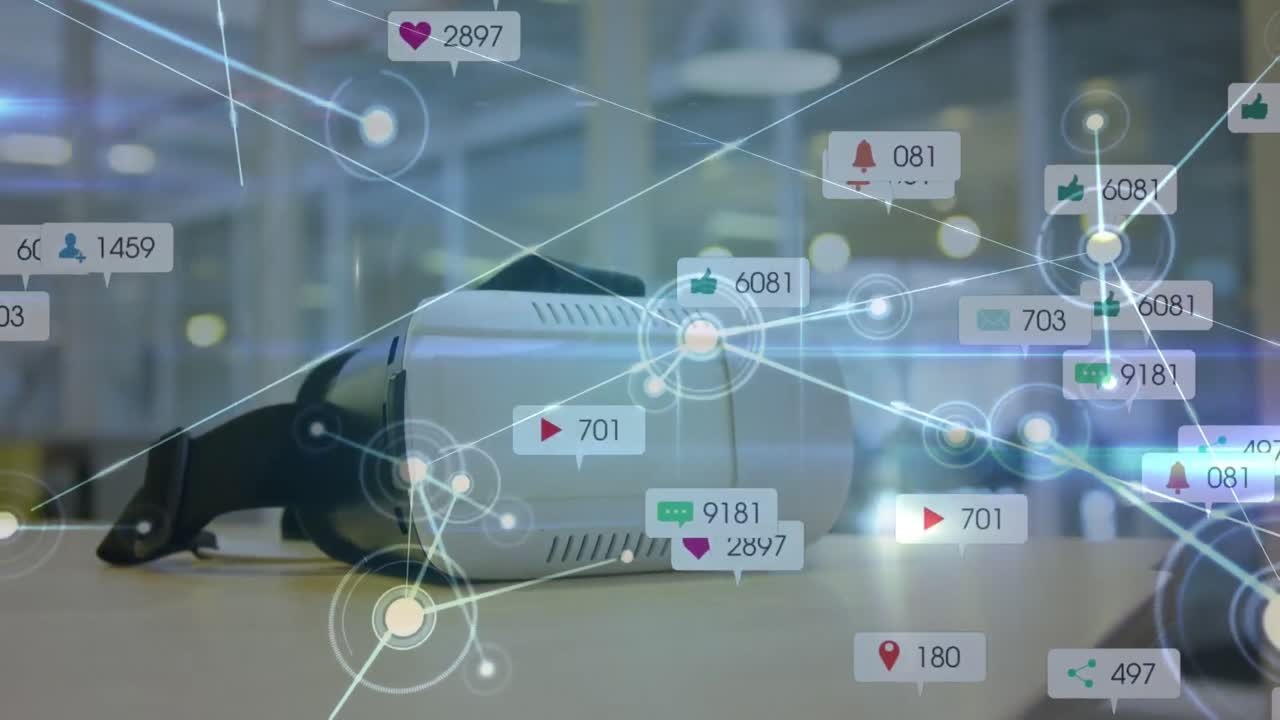 연결 네트워크와 소셜 미디어 아이콘의 애니메이션은 vr 헤드 ⁇ 을 통해 증가하고 있습니다.