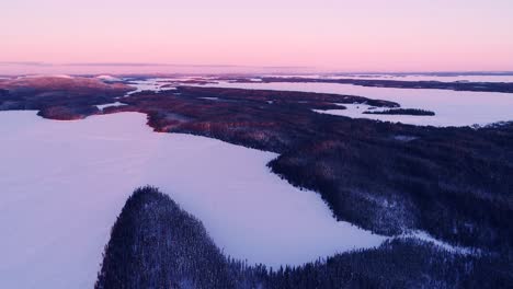 pink dreamy sunset over a dark coniferous forest