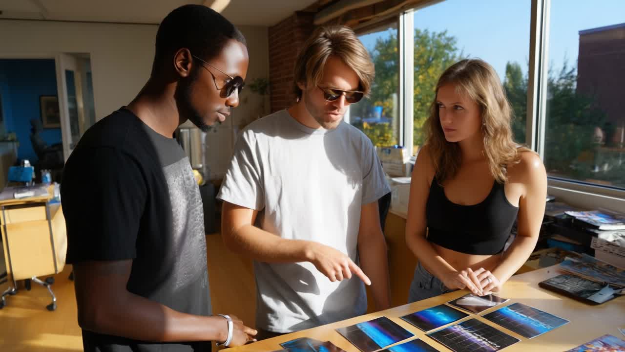 Tre persone creative analizzano fotografie in un ambiente luminoso da studio, partecipando a una discussione collaborativa su arte e contenuti visivi, mettendo in evidenza le loro prospettive e intuizioni uniche