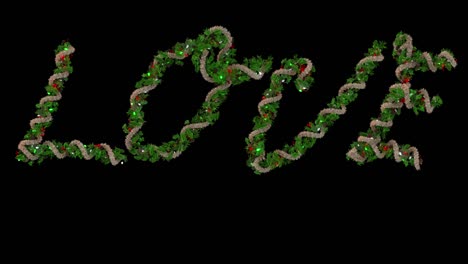 corona de navidad animada letras tipográficas que forman la palabra amor