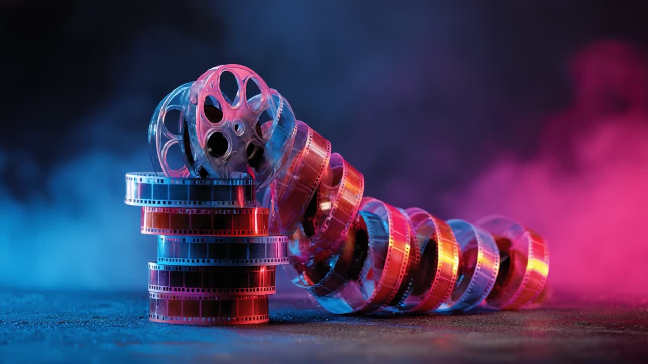 Artistic Representation of Film Reels Stacked and Twisted with Colorful Lighting, Showcasing the Essence of Cinematography and Visual Storytelling