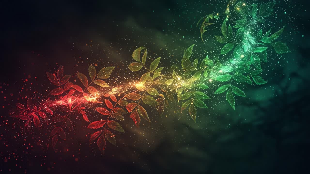 En fascinerande resa genom ett vibrerande kosmiskt bladverk, där virvlande partiklar dansar bland löven och skildrar en harmonisk blandning av färger som framkallar en känsla av magi och lugn.