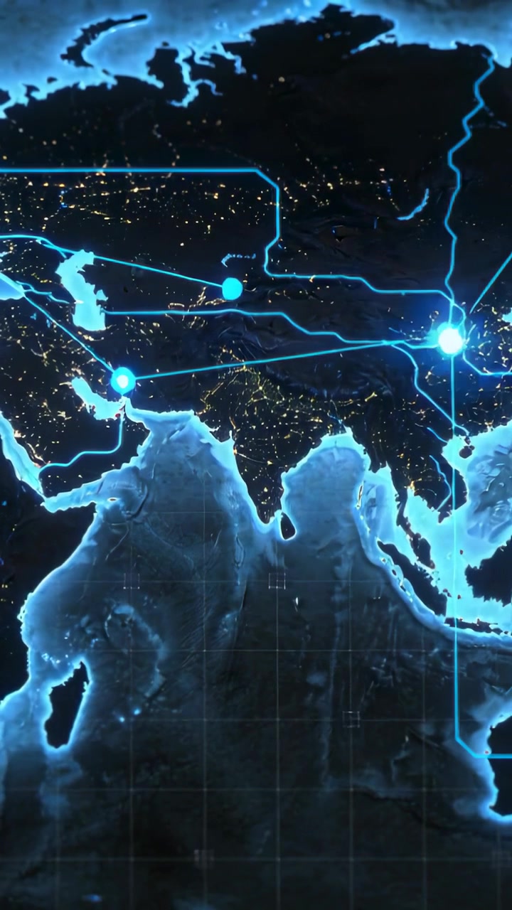 Vertical video: Animating Asia map on screen neon routes lighting east node pulse sparking links