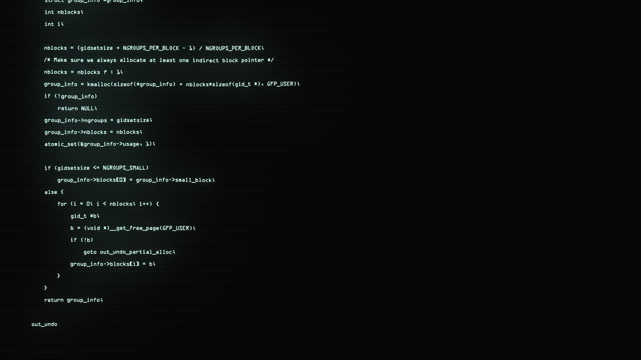 vista frontale dalle parti del codice sorgente del software con caratteri bianchi