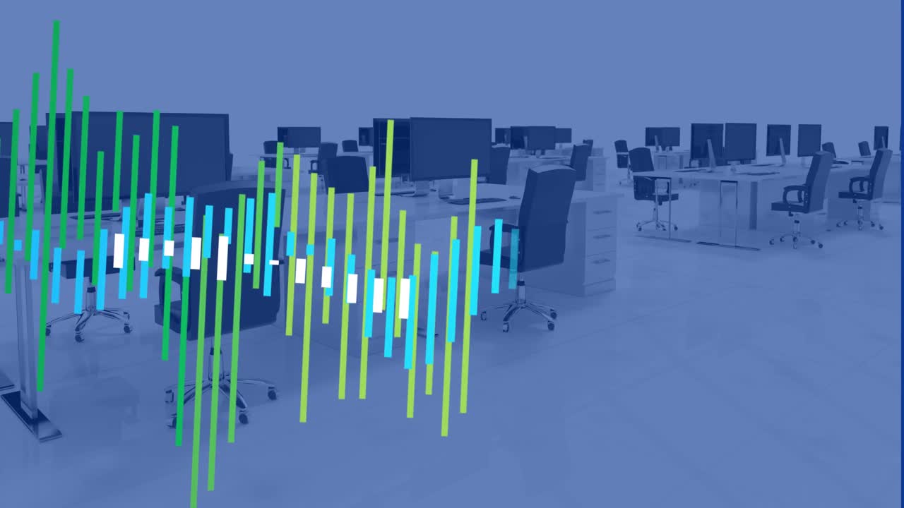 animación del procesamiento de datos frente a la vista de una oficina vacía.