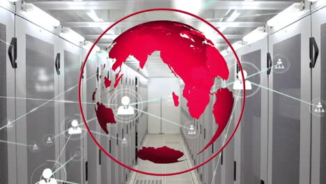 animation of network of profile icons over spinning globe against computer server room