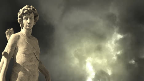 animation of gray sculpture of man over dark sky and clouds, copy space