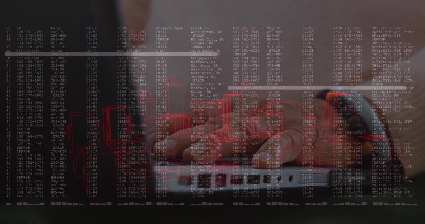 Elderly woman typing commands, causing tech overlays and red highlights while manipulating database