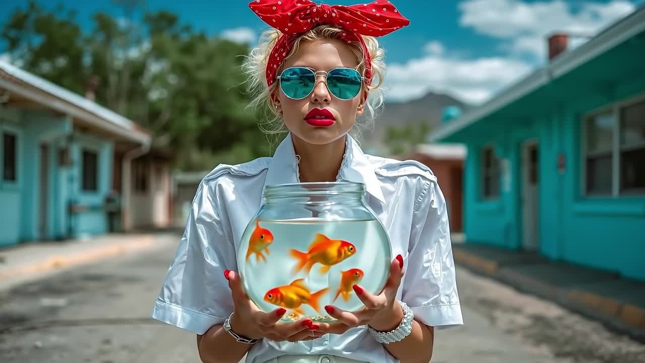 A woman holding a fish bowl with goldfish in it