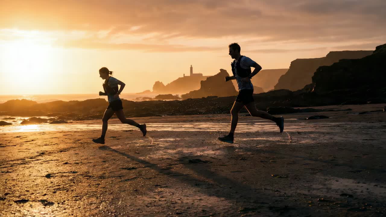 Coppia che fa running sulla spiaggia con la bassa marea, in pantaloncini, scarpe e canotta, lasciando impronte