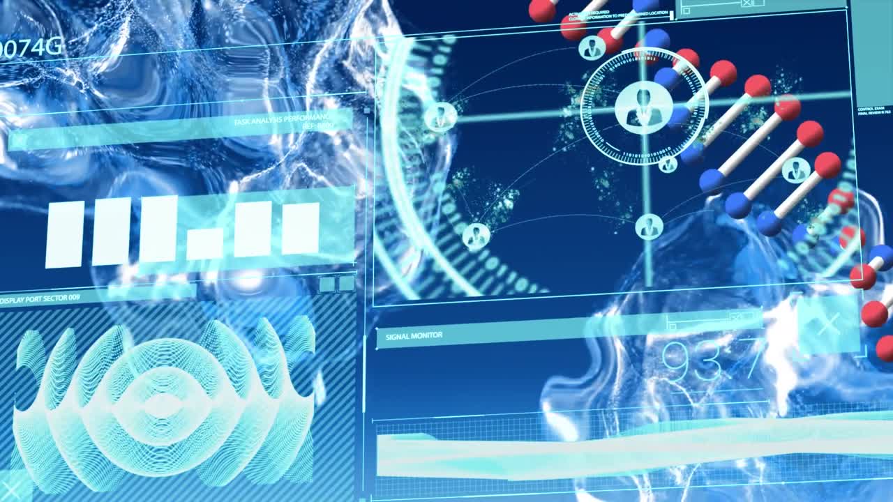 해군 디지털 스크린에서 dna, 데이터 처리 및 연기의 애니메이션