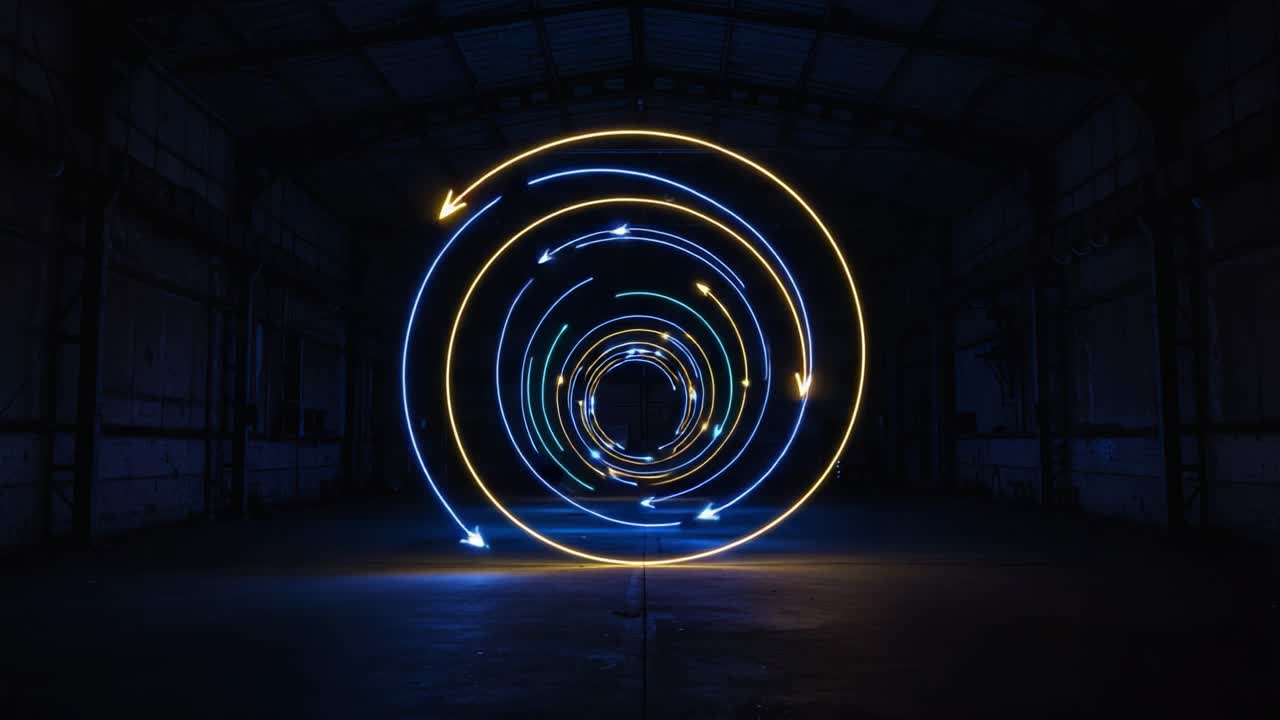Dynamic Long-Exposure Light Trails Creating Vibrant Swirling Patterns in a Dark Space, Capturing Motion and Energy with Neon Colors and Spiraling Arrows