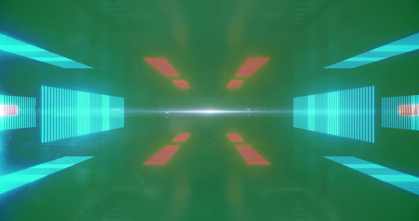 Glowing red and blue neon kaleidoscope shapes animation.