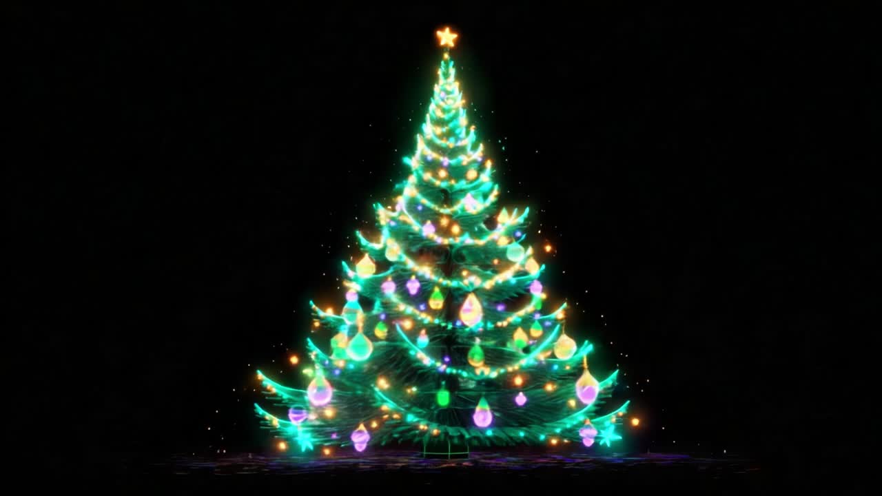 A Beautifully Illuminated Christmas Tree Adorned with Colorful Ornaments and Twinkling Lights, Radiating Joy and Festivity in a Dark Setting, Capturing the Essence of Holiday Cheer