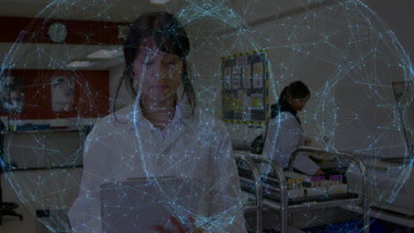 Scientist using tablet with network connections animation over laboratory background