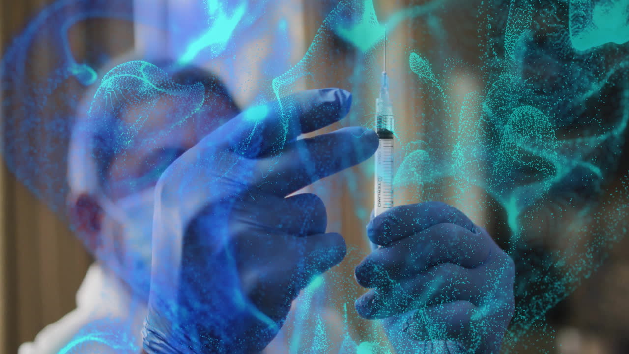 Holding syringe, medical professional with gloves over blue virus cells animation