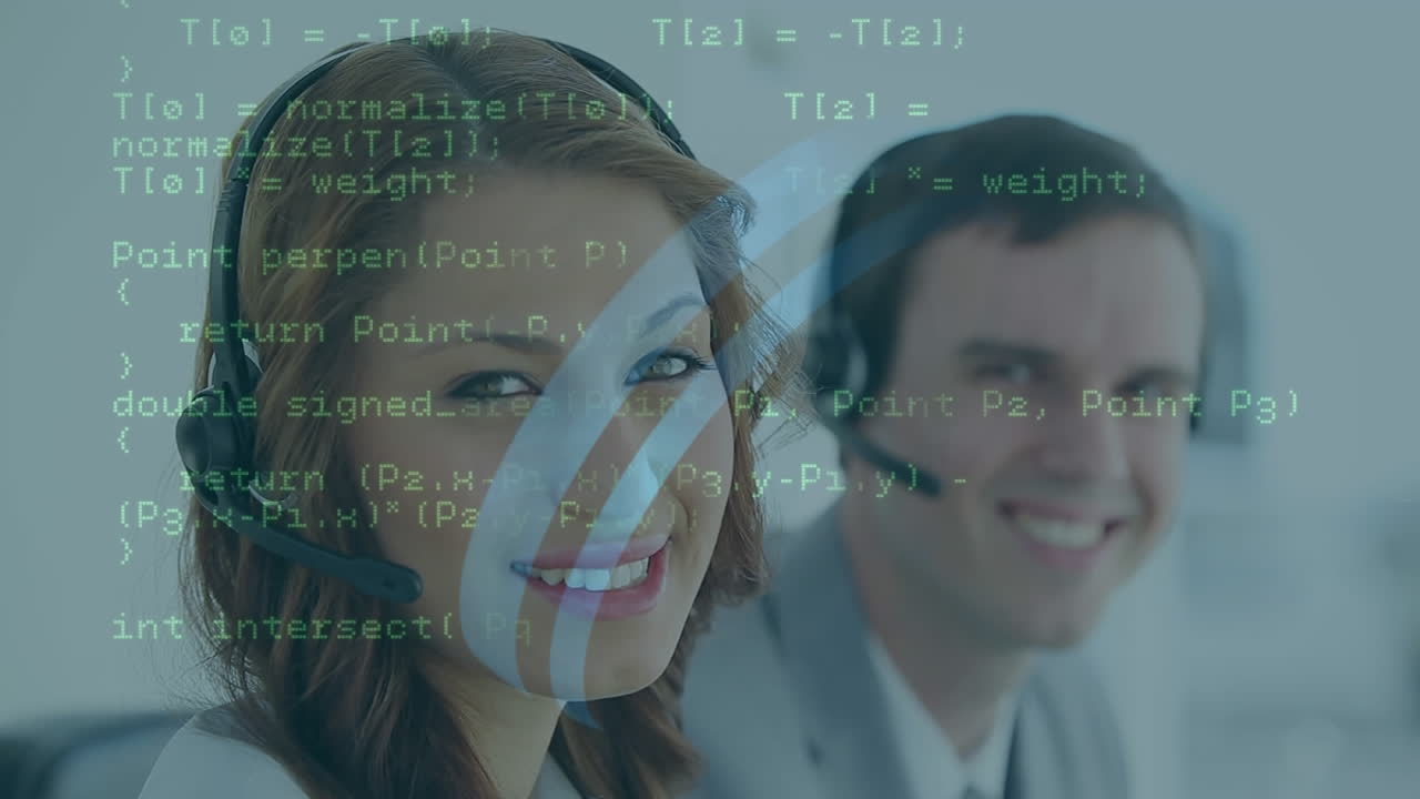 Animation of data processing over diverse male and female customer care executive smiling at office