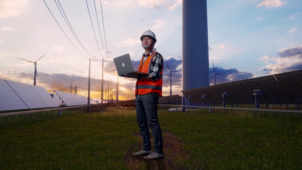 Full Body Side View Of Asian Male Engineer With Safety Helmet Working On A Laptop And Looking Around While Standing With Solar Panel and Wind Turbines