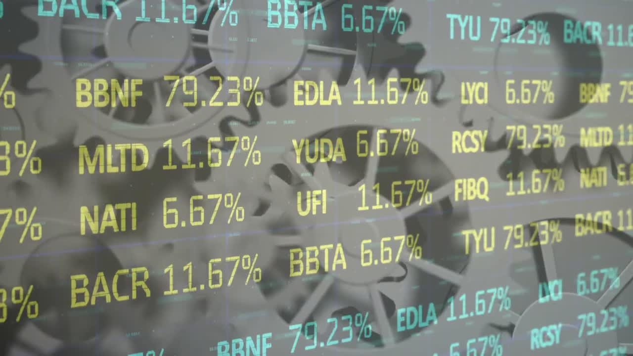animación de los datos del mercado de valores sobre engranajes giratorios en gris