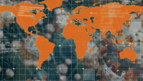 animation of world map over data processing and virus cells