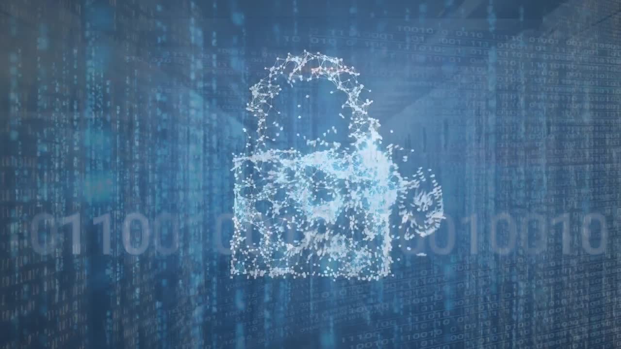 Animation of cloud and padlock icons with data processing over server room