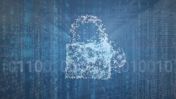Animation of cloud and padlock icons with data processing over server room