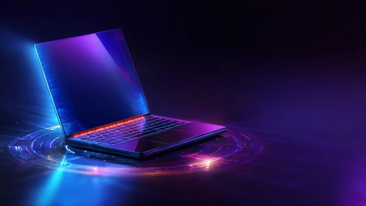 Un design futuristico di laptop che emana effetti di luce colorati, mettendo in mostra un'estetica elegante e moderna in un ambiente digitale che ne esalta l'essenza tecnologica e il fascino futuristico