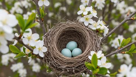 a tranquil nest amidst blooming flowers with three blue eggs: a serene representation of nature’s beauty and new beginnings in spring