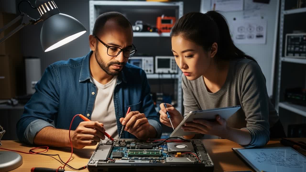Collaboration and Innovation: Two Individuals Engaged in Electronics Repair Work, Analyzing and Diagnosing Computer Components with Tools and Technology in a Dimly Lit Workshop Environment
