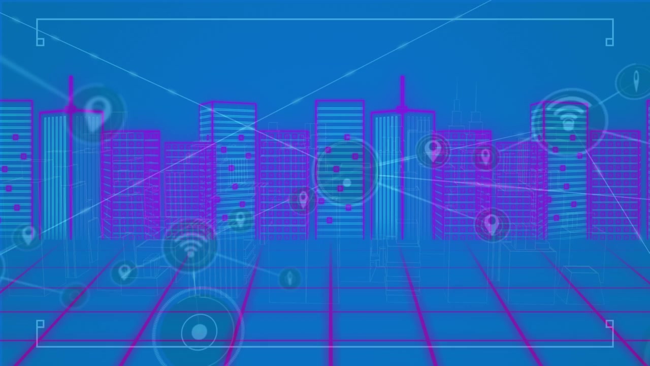 Network of connections over cyber cityscape