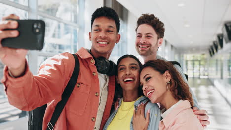 grupo, selfie y diversidad de estudiantes en el campus
