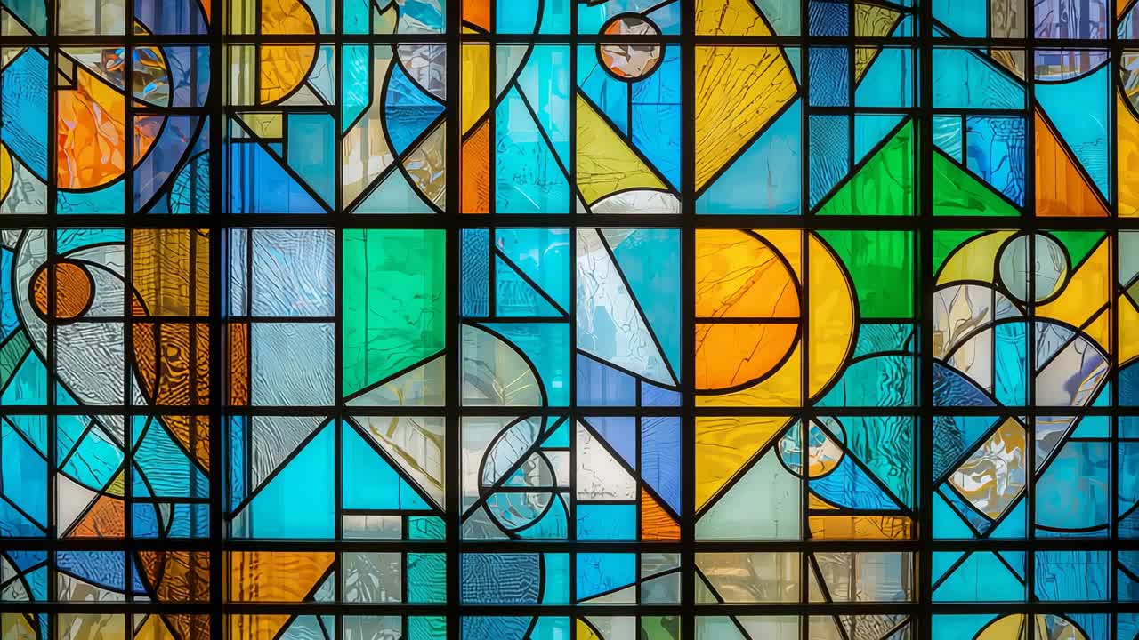Displaying stained glass window in chapel interior featuring blue green yellow amber pattern